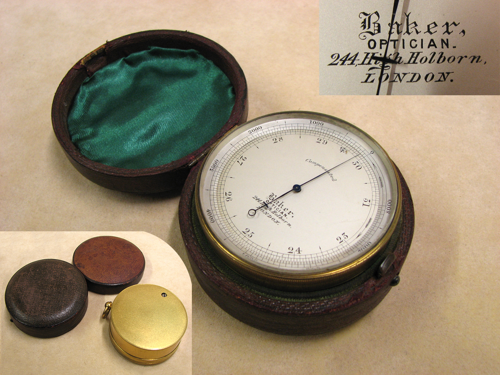 19th Century pocket barometer signed 'Baker, OPTICIAN. 244 High Holborn, London'